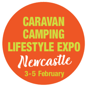 Orange circle with Caravan Camping Lifestyle Expo text and date.