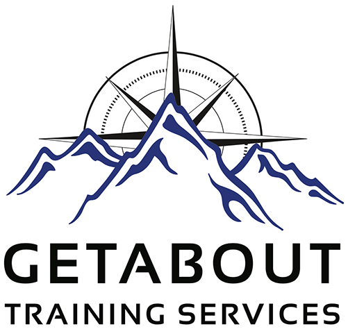 Animated outline of mountains with a compass behind them with the text getabout training services.