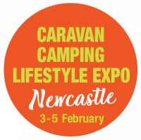 Orange circle with Caravan Camping Lifestyle Expo text and date.